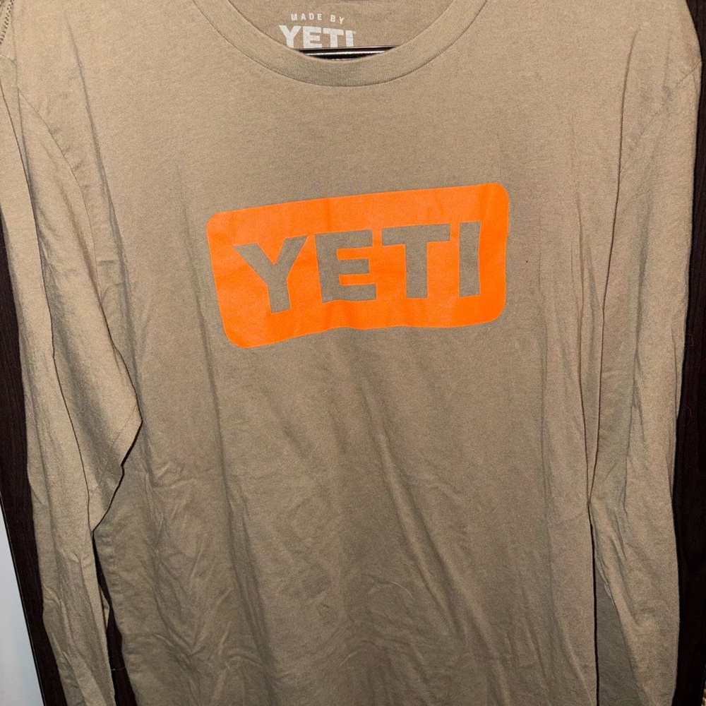 Yeti Men's Long-Sleeve Logo Tee in Tan with Bright Orange Logo